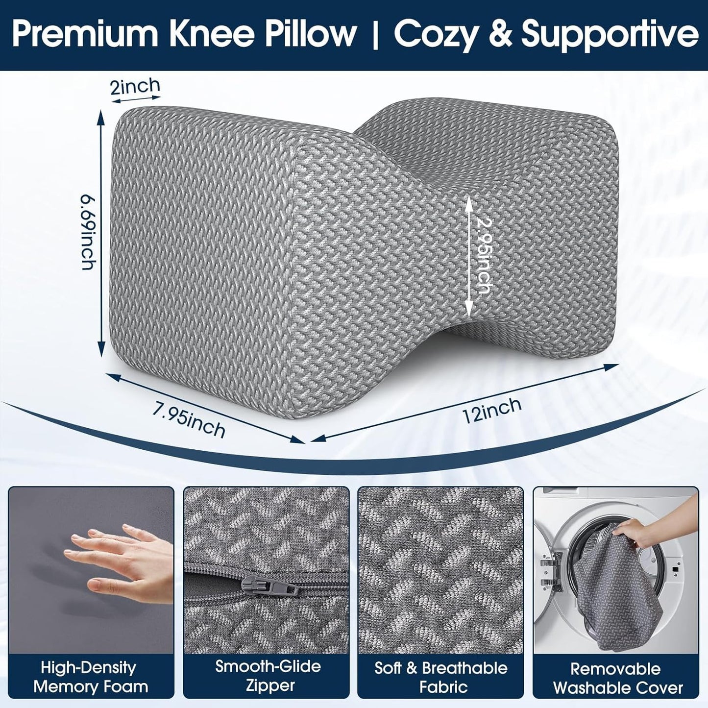 BlissTrends Memory Foam Knee Pillow, Knee Pillow for Side Sleepers, Leg Pillows for Sleeping Blood Circulation, Elevation Pillow for Spine Aligning, Sciatica, Back, Hip, Knee, Ankle Pain, Grey