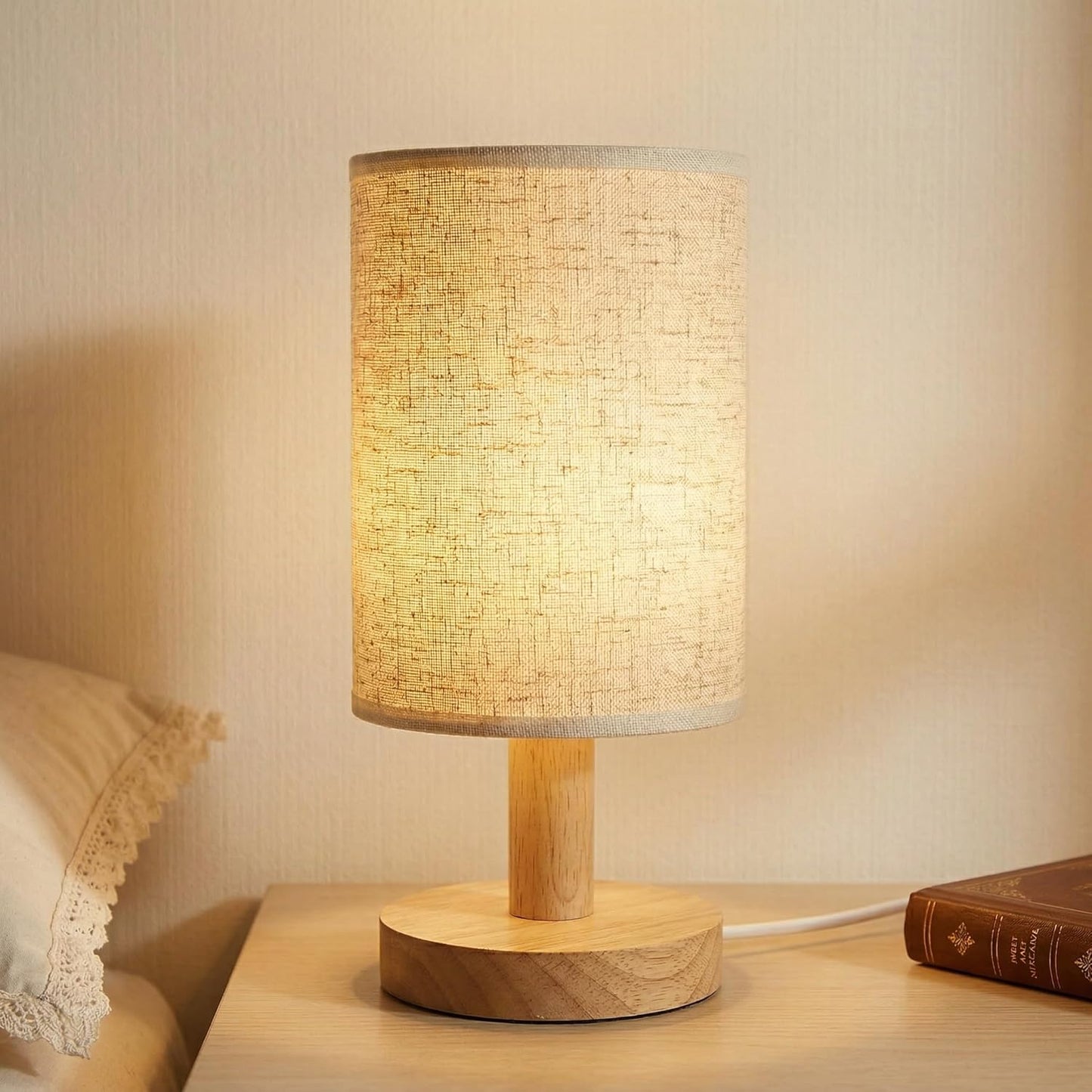Touch Bedside Table Lamp - Stepless Dimming USB Powered, Minimalist Wood Base Linen Shade, 2700K Warm Light for Bedroom Nightstand Nursery Dorm Small Spaces, 5W LED 50K Hrs (No Bulb Replacement)