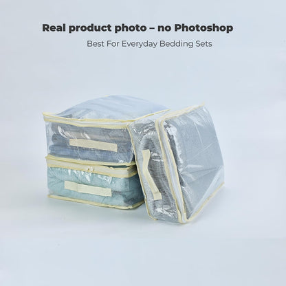 Clear Bed Sheet Organizer Bags, 3 Pack Sheet Storage Bags for Linen Closet, Zippered Bedding Set Organizers for Fitted Sheets, Flat Sheets & Pillowcases, Fits Most Queen/King Sets