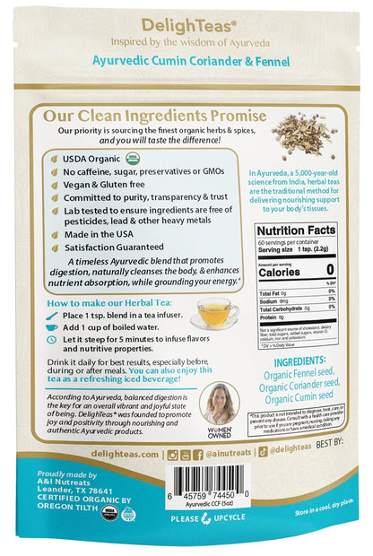 DelighTeas Organic Digest & Detox CCF Tea | Ayurvedic Cumin, Coriander, Fennel Loose Leaf Tea for Digestion, Detox Cleanse | USDA Organic, Non-GMO, Caffeine Free, Sugar Free | 60 Servings, 5 oz.