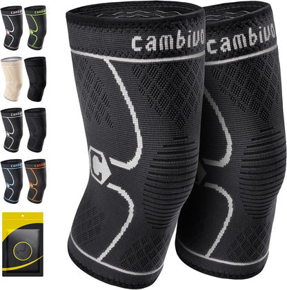 CAMBIVO 2 Pack Knee Braces for Women & Men, Knee Compression Sleeves for Knee Pain Relief, Knee Support with Non-Slip Silicone, Breathable, for Running, Workout, Weightlifting & Daily Use, Arthritis Support (Black, Medium)