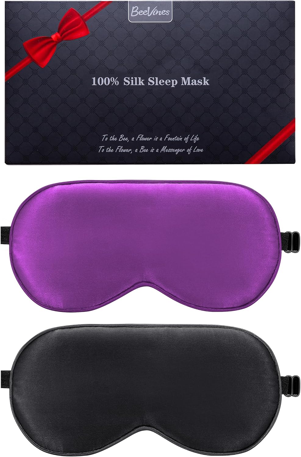 BeeVines 100% Real Mulberry Silk 2 Pack Sleep Mask, Natural Pure Silk Eye Masks with Adjustable Strap for Sleeping, Block Light Eye Sleep Shade Cover, Reduces Puffy Eyes Traveling Gifts