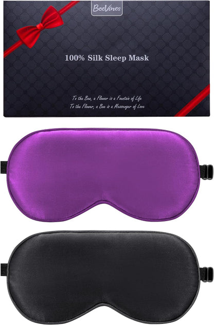 BeeVines 100% Real Mulberry Silk 2 Pack Sleep Mask, Natural Pure Silk Eye Masks with Adjustable Strap for Sleeping, Block Light Eye Sleep Shade Cover, Reduces Puffy Eyes Traveling Gifts