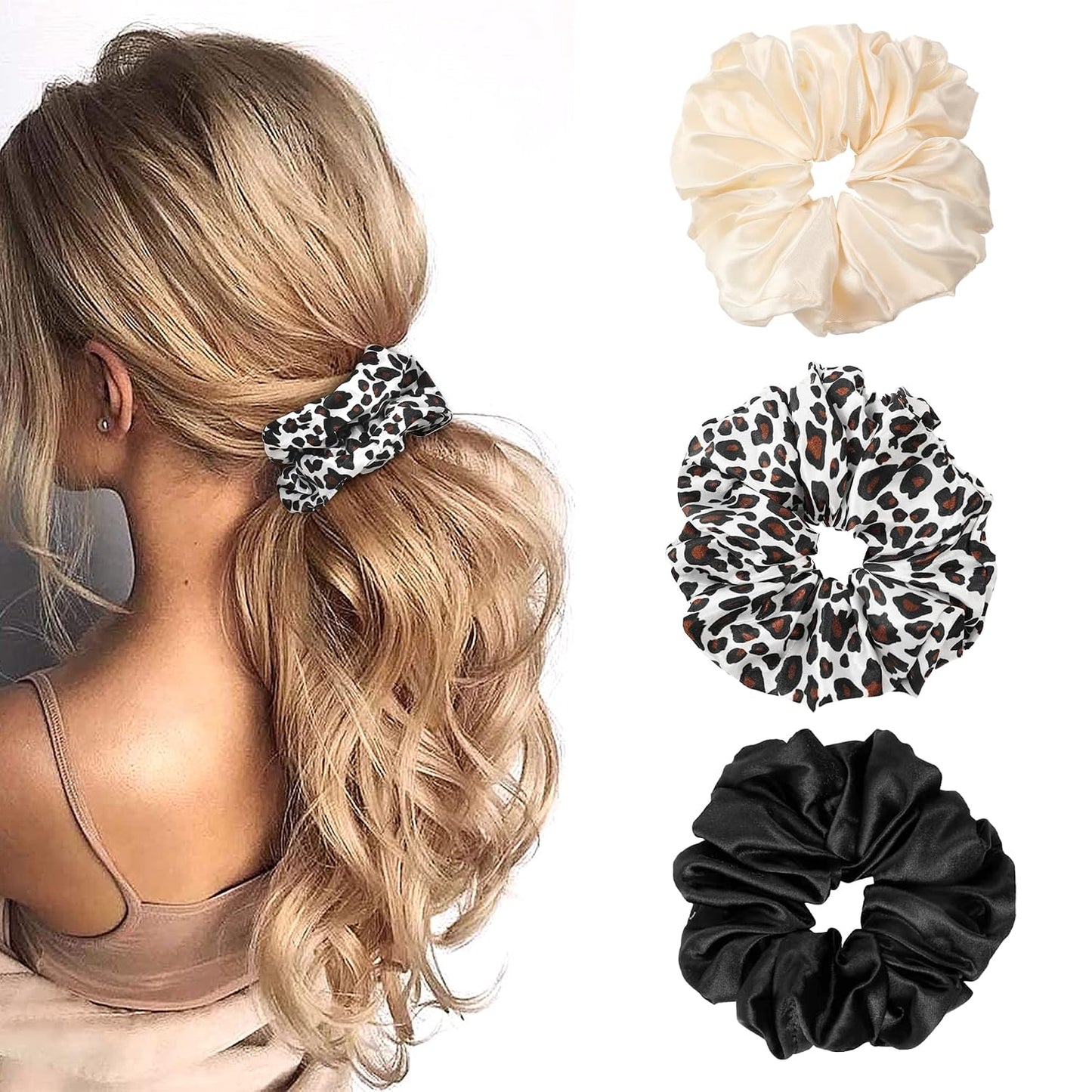 16 Pcs Scrunchies for Women - Black Satin Silk Scrunchies for Girls Hair Ties Elastics Bands Ponytail Holder Hair Accessories