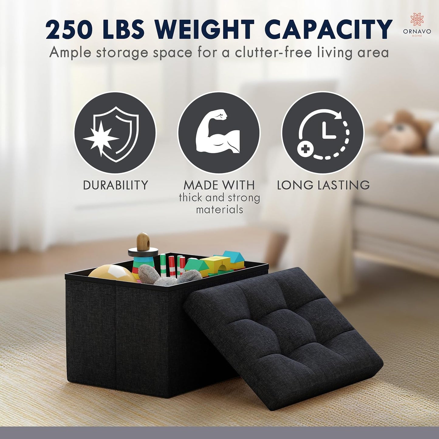 Ornavo Home Small Storage Ottoman Foldable Collapsible Rectangle Linen Ottoman Foot Rest Stool Seat, for Living Room, Bedroom, Home Office, Dorm - 12 x 16 x 12, Black