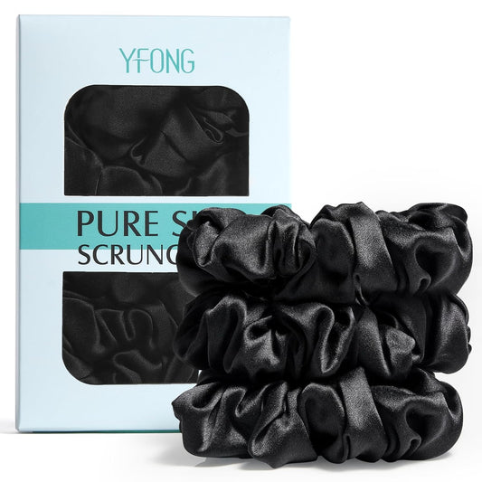 YFONG 3 PCS 100% Mulberry Silk Scrunchies for Women Girls, 22 Momme Soft Hair Ties for Frizz & Breakage Prevention, Elastic Ponytail Holders Gentle And No hurt, (Pink+Champagne+Plum Purple)