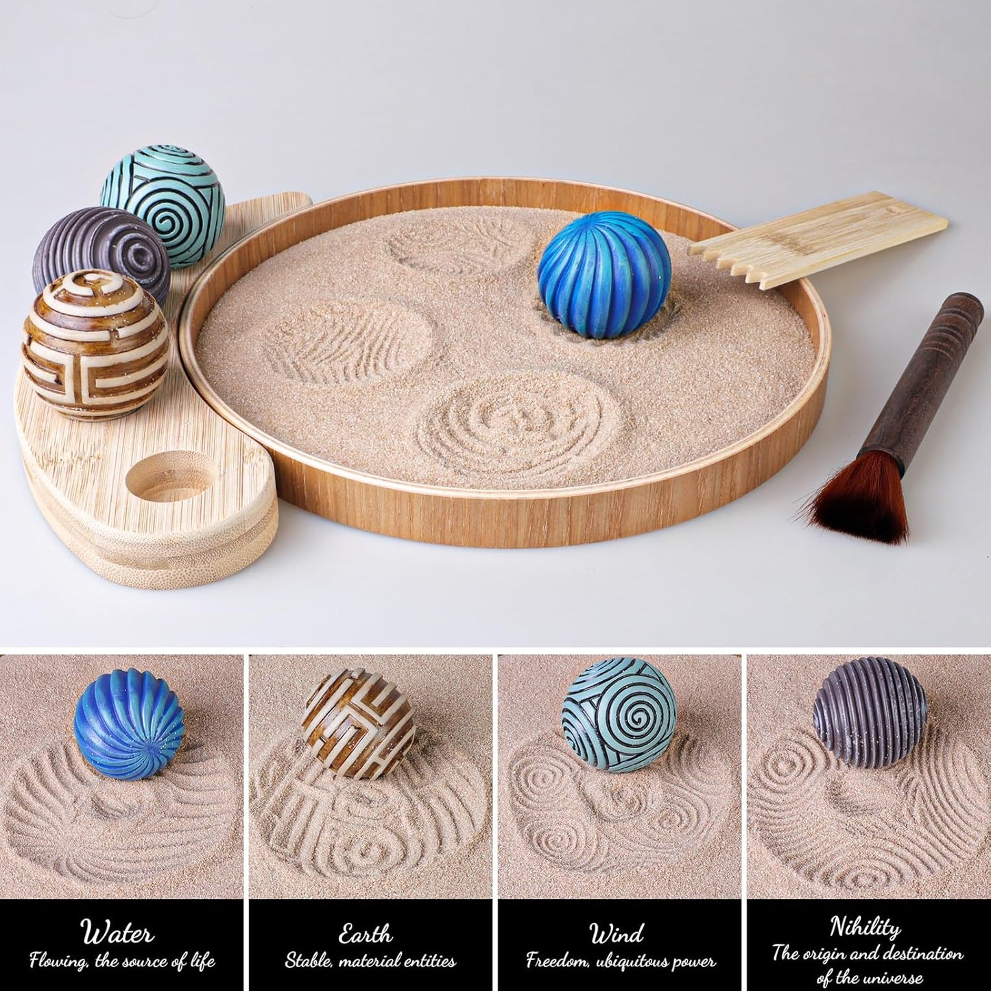 Mini Zen Garden for Desk - 9.5''x9.5'' Automatic Desk Sand Tray Therapy Kit with 4 Stamp Spheres