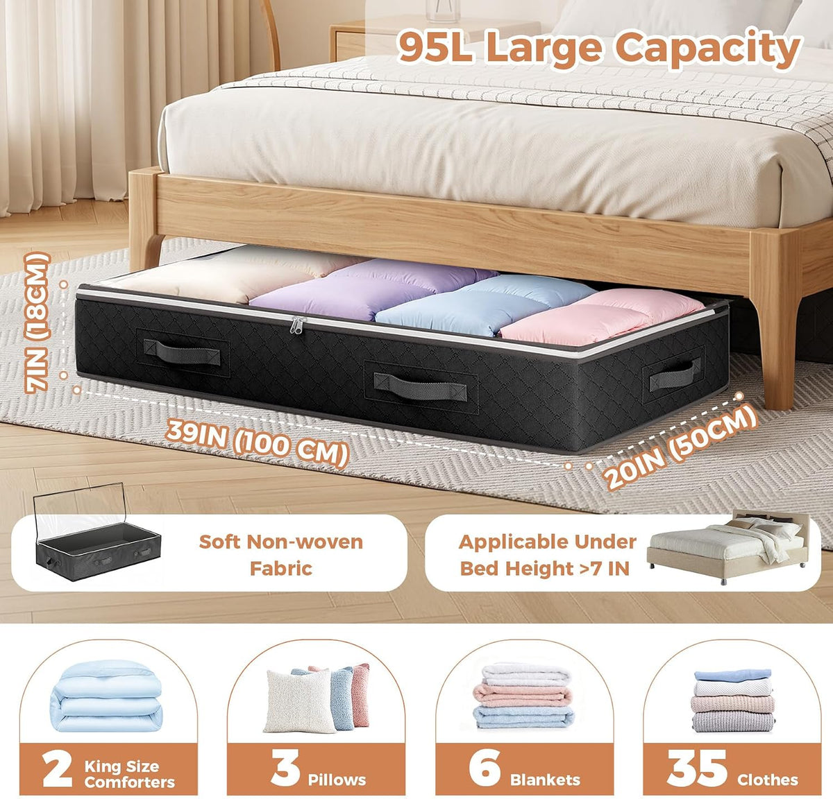 Budding Joy 95L Under Bed Storage Containers, 4 Pack Closet Organizers Grey