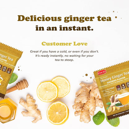 Pocas Honey Ginger Instant Tea Powder 2-Pack with Ginseng Flavor, Real Ginger Extract & Sweetener, Caffeine-Free Tea, 20 Packets