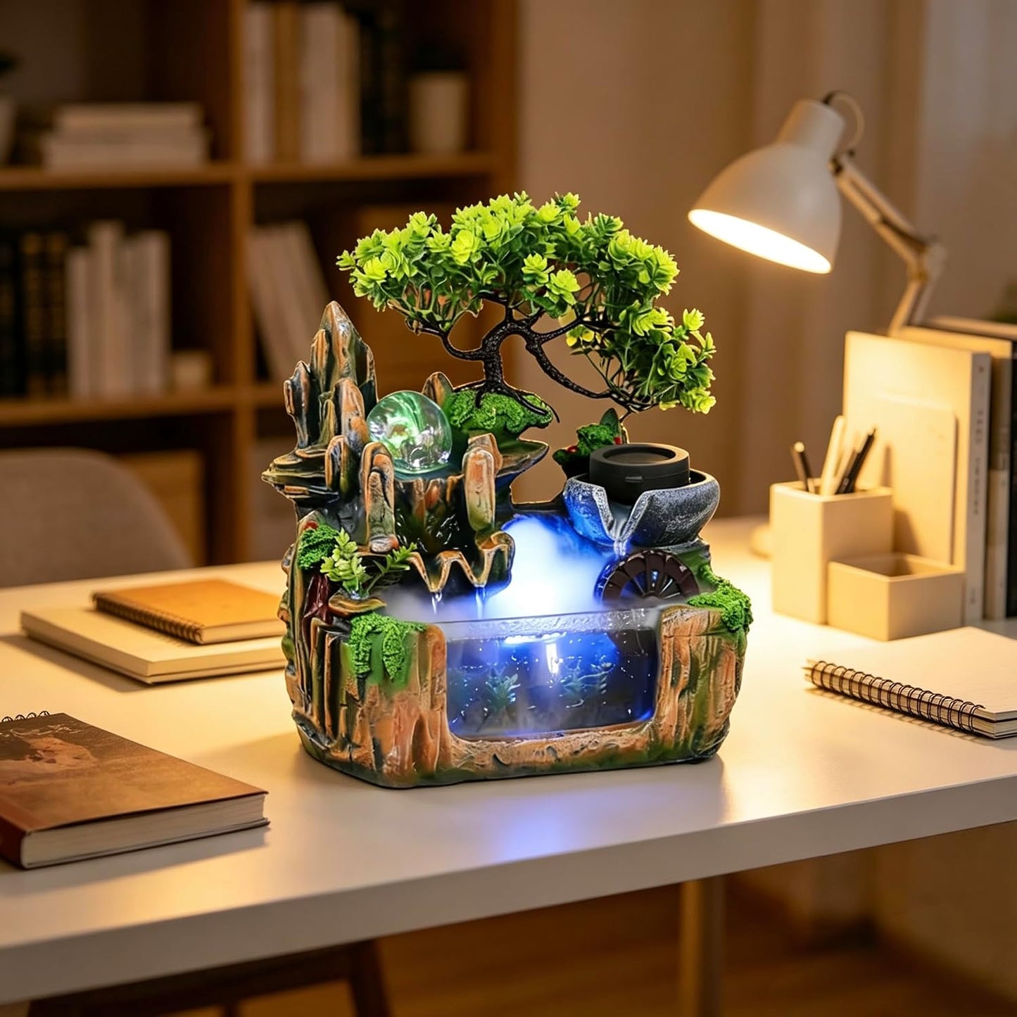 Mini Artificial Bonsai Tree Waterfall Fog Feature Rock Tabletop Fountain | 11in Desktop Decor Waterfall Fountain W/ Water Pump& Atomizer&LED Lights &Fake Tree Office Bedroom Relax