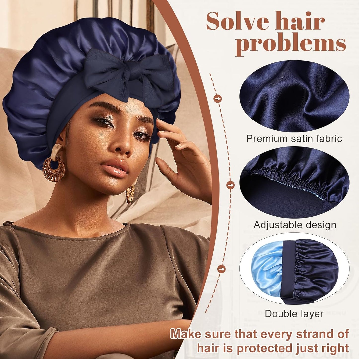 Satin Bonnet for Sleeping Cap Double Layer Hair Bonnet with Elastic Tie Band for Curly Hair Night Cap (Bean Paste + Pink)
