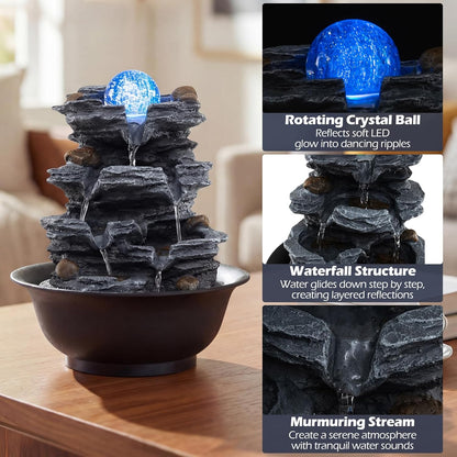 Giantex Tabletop Water Fountain with Rotating Crystal Ball & LED Lights, Tiered Rock Waterfall with Pump, Zen Meditation Desktop Decor for Office, Home Relaxation (Offset Stream)