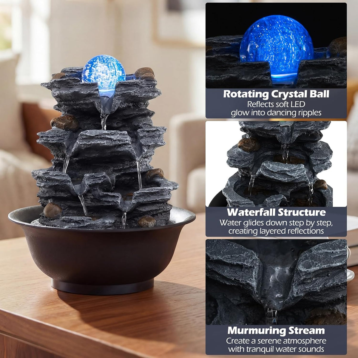 Giantex Tabletop Water Fountain with Warm LED Light, Tiered Rock Waterfall with Pump, Zen Meditation Desktop Decor for Office, Home Relaxation