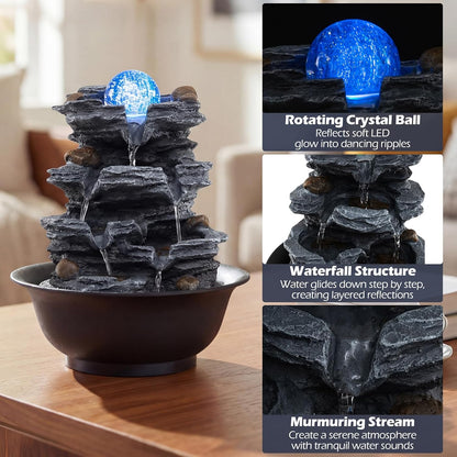 Giantex Tabletop Water Fountain with Warm LED Light, Tiered Rock Waterfall with Pump, Zen Meditation Desktop Decor for Office, Home Relaxation