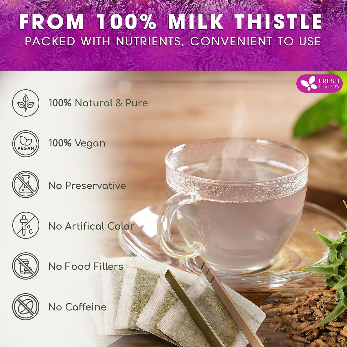 FreshDrinkUS, Premium Milk Thistle Tea, 30 Count, Pure, Caffeine Free