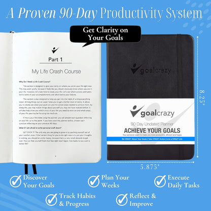 Goal Crazy Undated Planner – 90 Day Guided Journal & Productivity Organizer, A5 Daily & Weekly Planner with Goal Setting, Habit Tracker, To Do List, Academic & Work Calendar, Leather Hardcover - Black