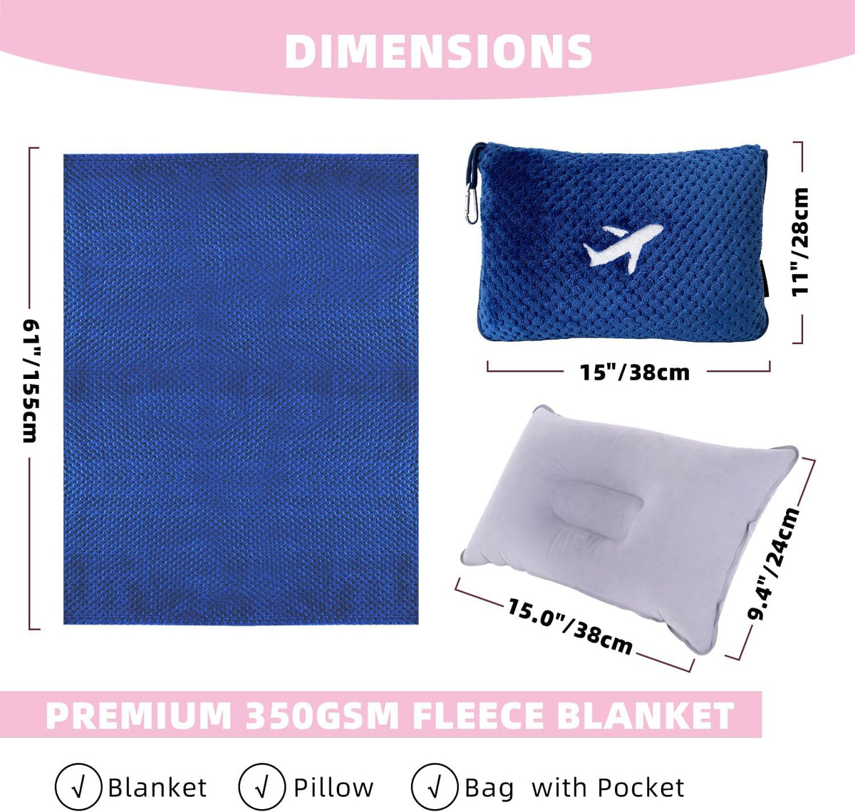 3 in 1 Travel Blanket Pillow Set - 350 GSM Thick Travel Blanket Airplane Compact with Bag, Soft Bag with a Pocket, Inflatable Travel Pillow for Camping & Car Trip(Mint Green)