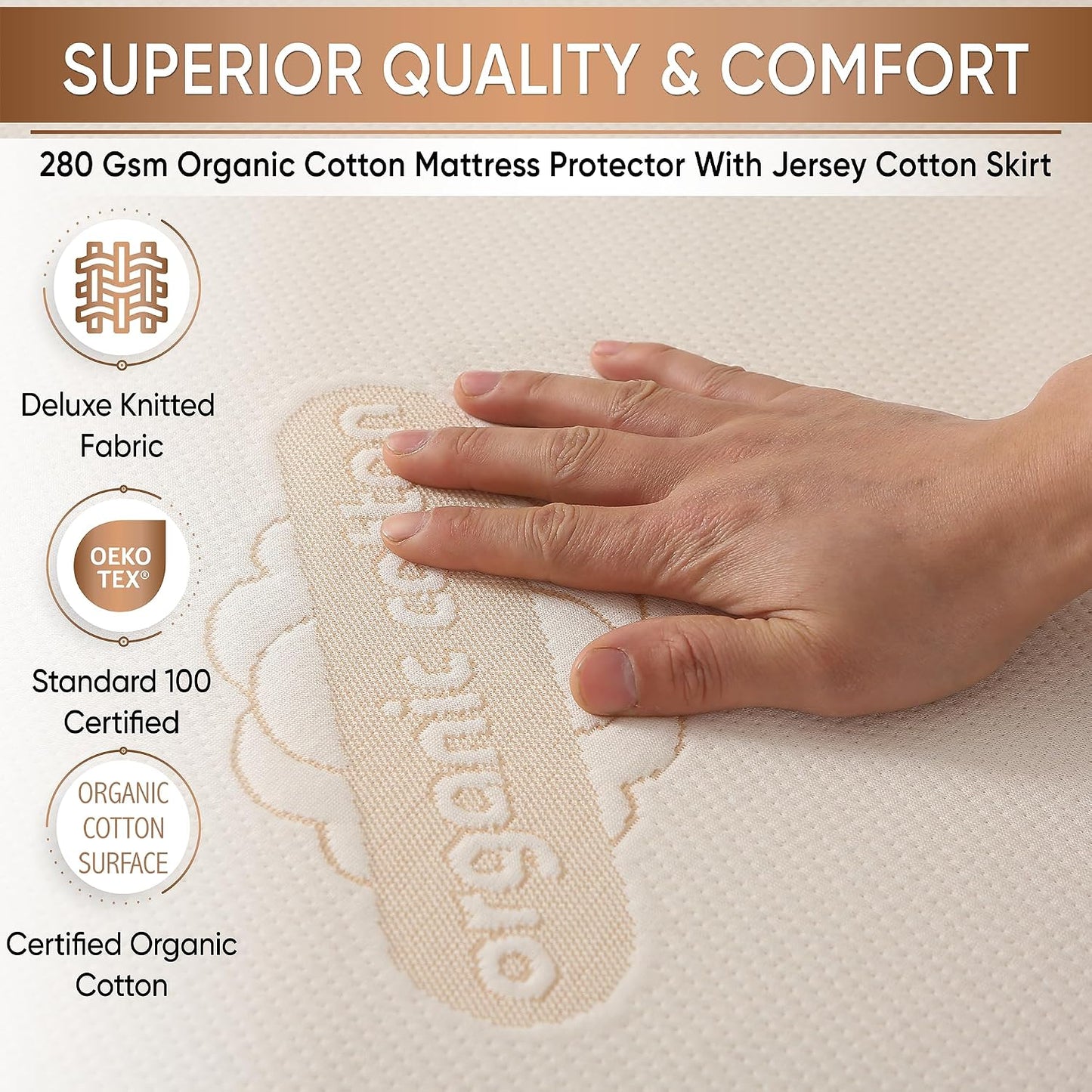 Waterproof Organic Mattress Protector Queen Size – Premium Soft Organic Cotton Surface Mattress Cover – Noiseless & Breathable 250 GSM Mattress Pad – Deep Pocket Fitted Design