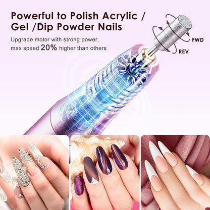 COSLUS C20 Cordless Nail Drill Electric File: Professional for Acrylic Gel Dip Powder Nails, Portable All-in-One Nail Drill Machine Kit for Manicure & Pedicure, Rechargeable Lightweight, Purple