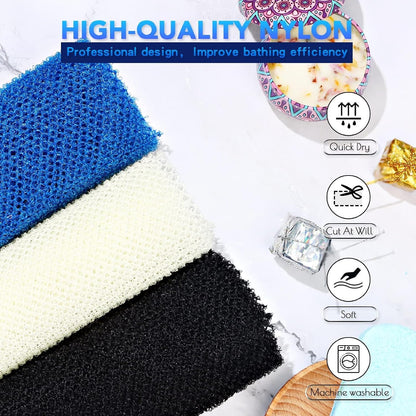UJFQBH 3 Pieces African Bath Sponge African Net Long Net Bath Sponge Exfoliating Shower Body Scrubber Back Scrubber Skin Smoother,Great for Daily Use (Pink,Yellow,Purple)