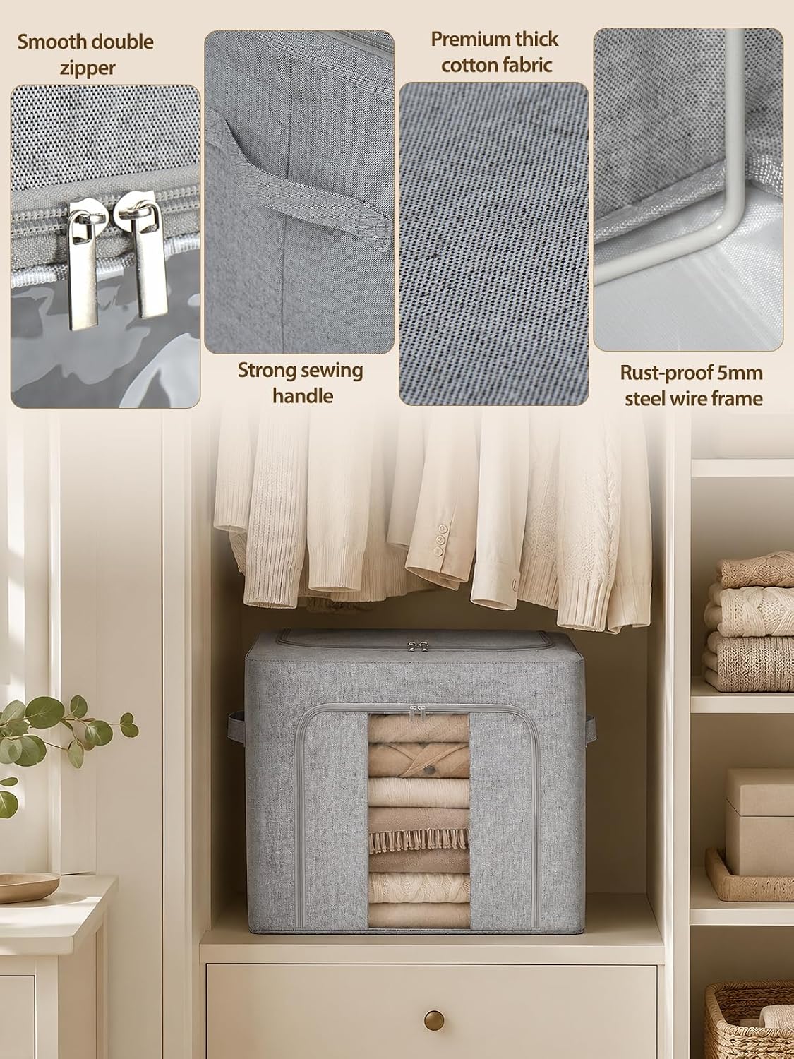 punemi 60L Sturdy Comforter Storage Bag, Blanket Organizer, Grey