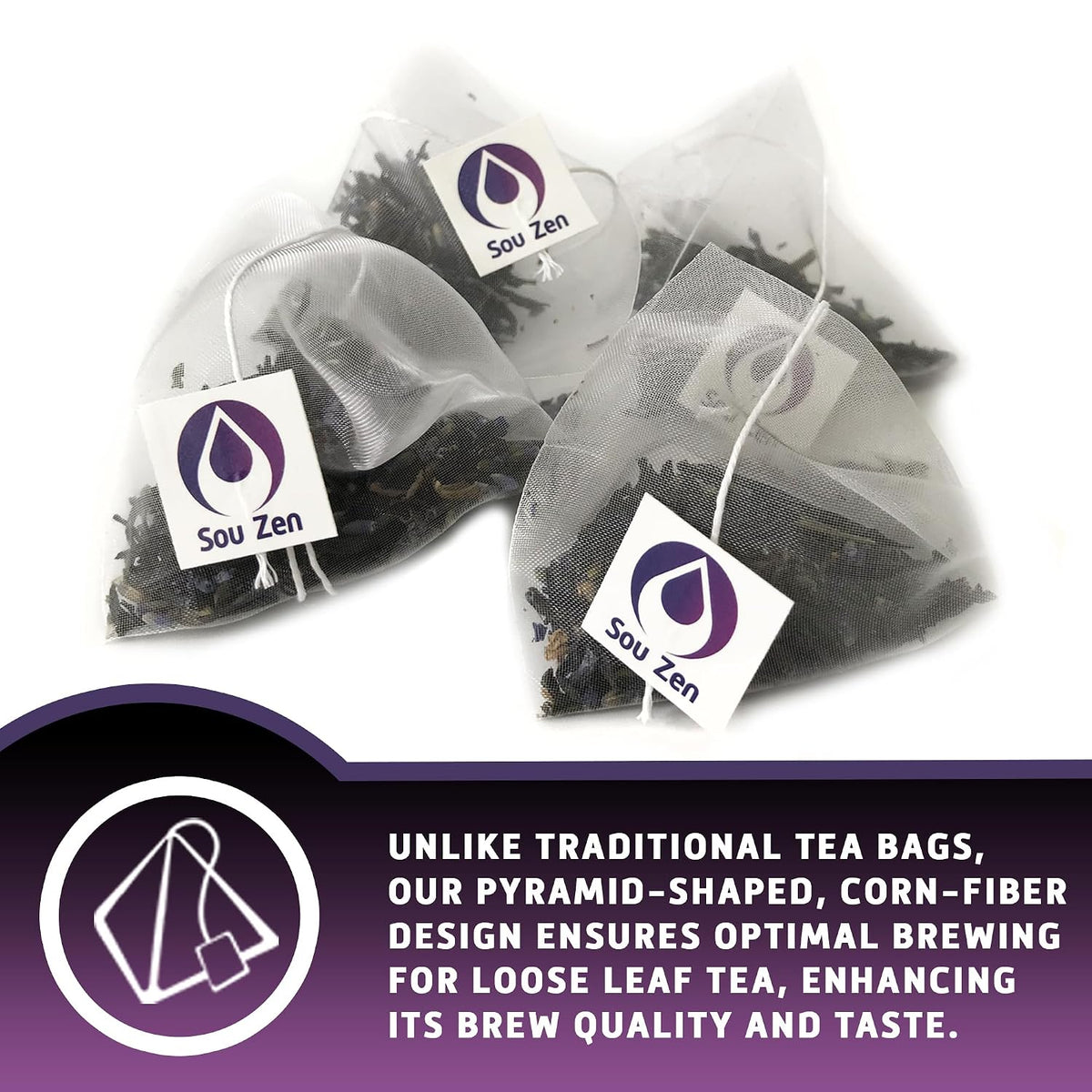 Sou Zen Earl Grey Lavender 30 Corn-Fiber Pyramid Tea Bags | Premium Loose Leaf Blend with Bergamot & Lavender | Naturally Organic Ingredients, No Additives
