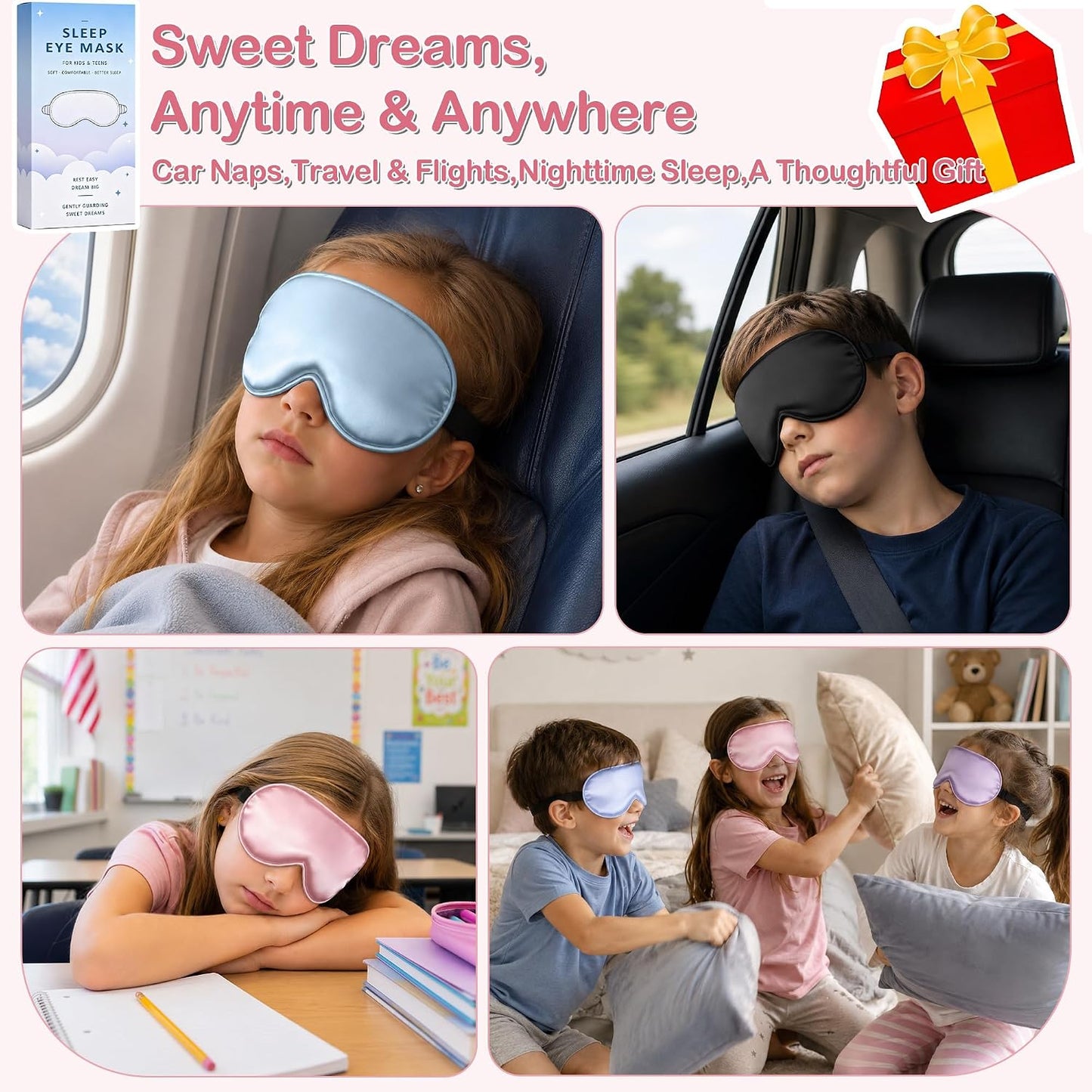 Kids Sleep Mask, Soft Eye Mask for Boys Girls with Adjustable Strap, Silk Light Blocking Sleeping Mask for Naps, Travel and Night Sleep, Includes Laundry Bag (Black)