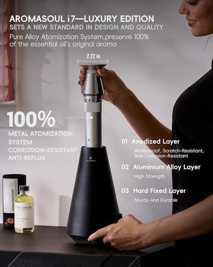 All-Metal Waterless Scent Diffuser Kit – 1500 Sq.Ft Coverage, Wireless Rechargeable,App Control, Mood Light, Hotel Scent Diffuser, Includes 5×15ml Essential Oils, for Home,Large Room,Spa,Silver