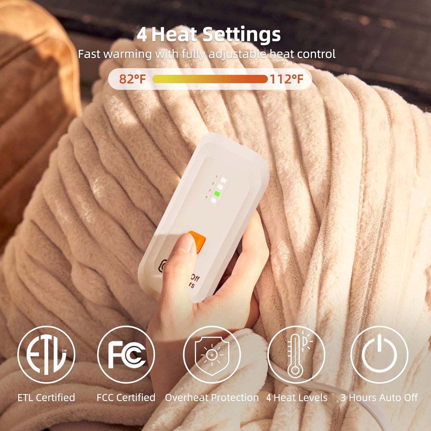 GOTCOZY Heated Throw Blanket, 50''X60'' - Soft Silky Plush Electric Blanket with 4 Heating Levels & 3 Hour Auto Off, ETL Certified, Machine Washable (Grey)