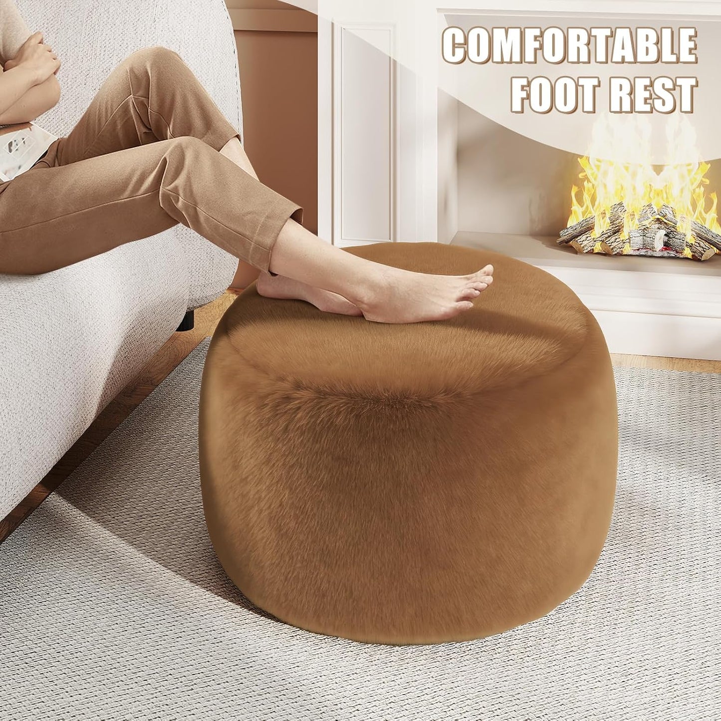 Round Stuffed Pouf Ottoman Foot Rest, Faux Fur Poufs with Memory Foam Filling, Ottomans for Living Room, Nursery, Dorm, Soft Foot Stool Ottoman for Couch, Perfect for Resting Your Feet (Grey, 20 Inch)