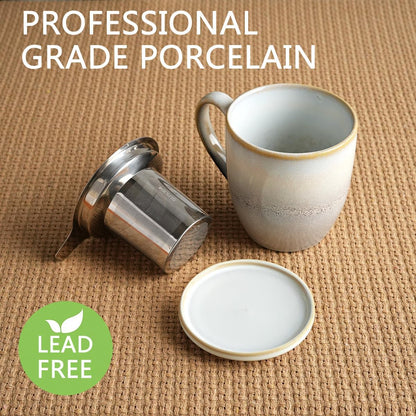 Bosmarlin Ceramic Tea Cup with Infuser and Lid, 16 Oz, Loose Leaf Tea Steeper Mug with Strainer, Microwave and Dishwasher Safe, Reactive Glaze (16 Oz, Pale Green)