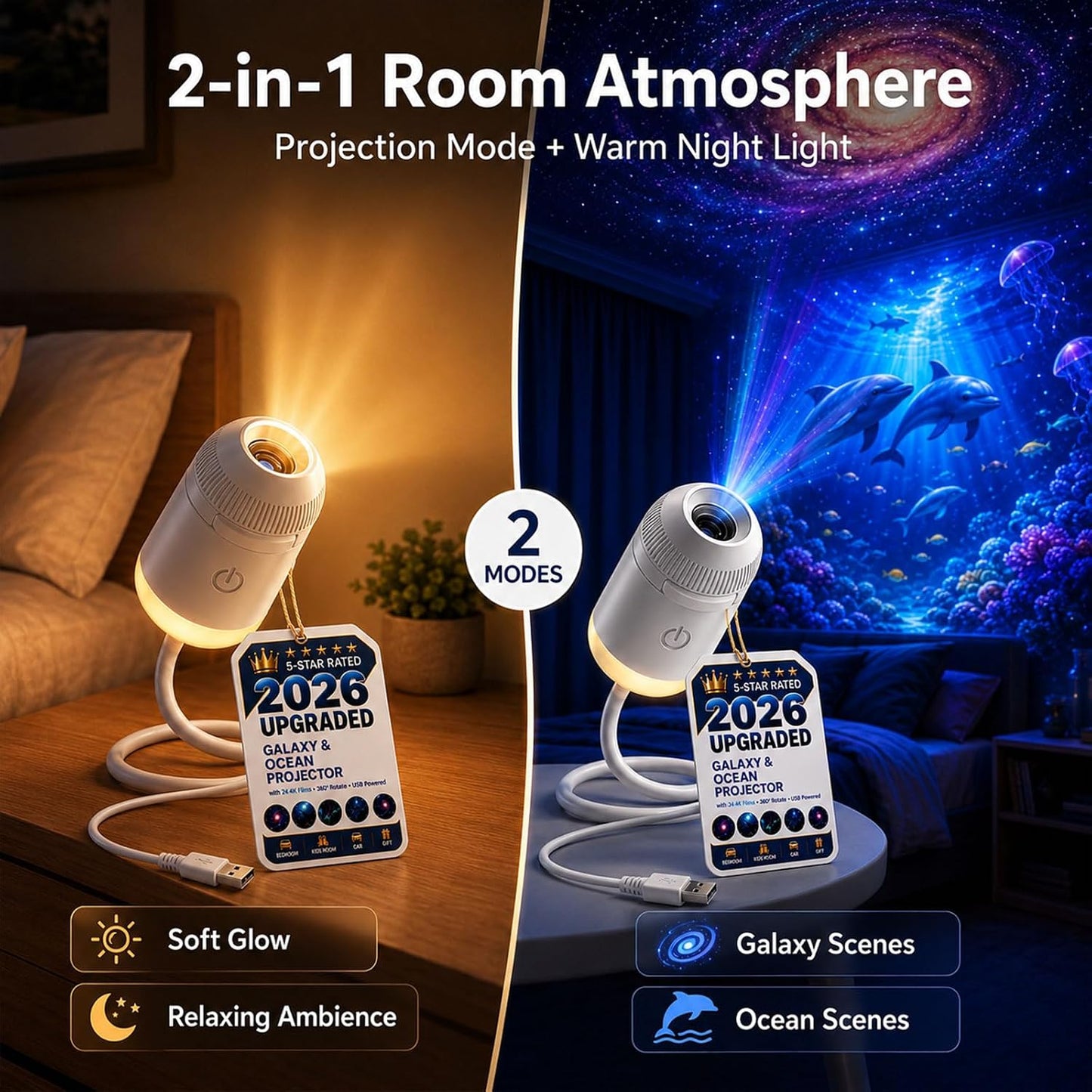 HD Smart Dynamic 5D Holographic Night Light Projector, Plug and Play 2-in-1 Galaxy Star and Ocean Projector with 24 Films, 360 Rotating USB Powered Ceiling Light for Bedroom Decor (With 3 Films)