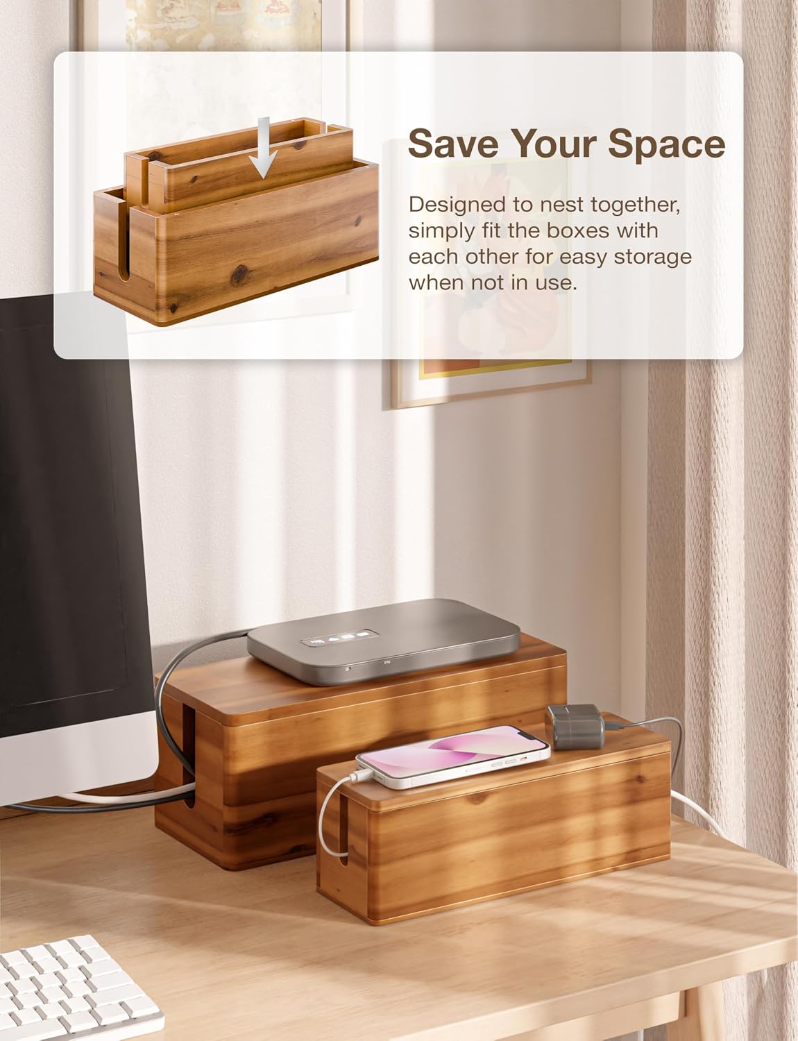 TIDITA 16" L Wooden Large Cable Management Box Round Edge (Walnut Color)