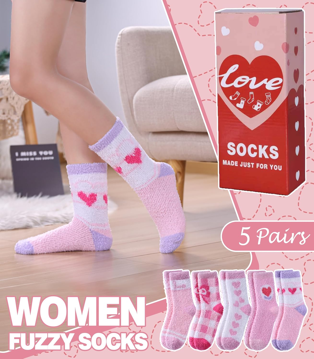 LANLEO Fuzzy Socks for Women Fluffy Slipper Winter Warm Soft Cozy Microfiber Plush Sleeping Heart Socks