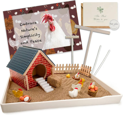 Threeheng Chicken Zen Garden for Desk with Sand Tray and Mini Coop