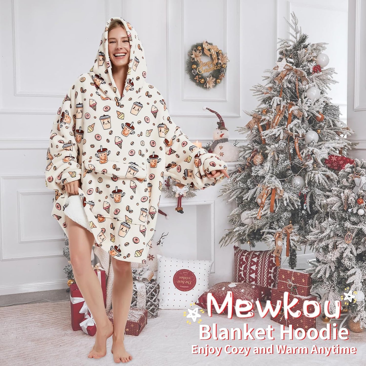 Mewkou Wearable Blanket Hoodie for Adult,Oversized Sherpa Fleece Blanket Hoodie for Women Men,Grey