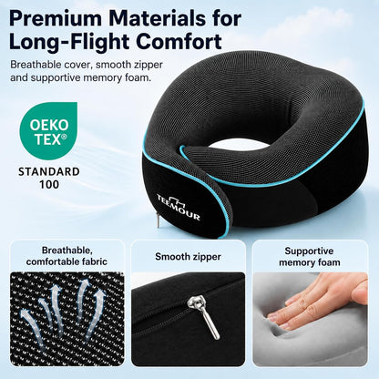 Travel Pillow Neck Pillow for Airplane Travel Essentials - Memory Foam Travel Neck Pillow, Stops Head Bobbing With Eye Mask & Earplugs, Portable Carry Bag for Long Flights| Airplane Accessories Black