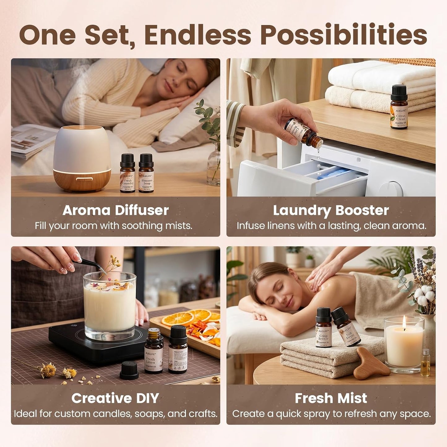 Auelife Laundry Essential Oils Set for Dryer Balls, 6x10ml Diffuser Oil | Home Fragrance for Laundry Room, Candle & Soap Making with Fresh Linen, Blossom Soap, Crisp Breeze, Soft Dryer, Citrus