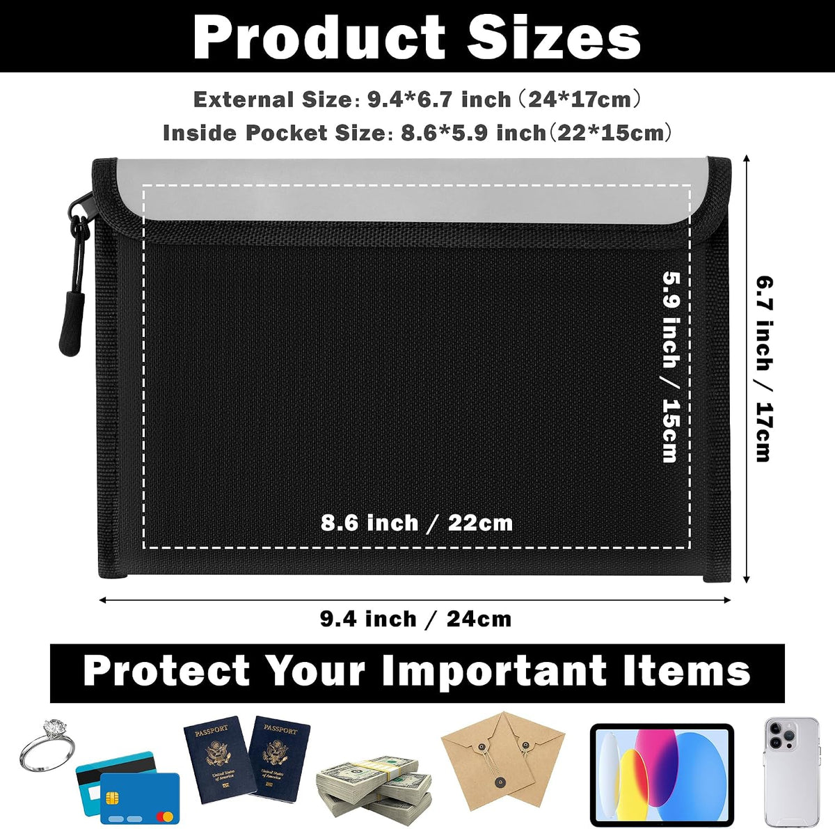 Fireproof Waterproof Document Bag - 5200°F Water Resistant Fire Proof Money Bag, 3 Layers of Heat Insulated Storage with Zipper, 7.9"x5" Portable Files Safe Pouch for Cash Passport (Black)