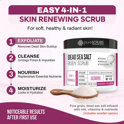 pureSCRUBS Premium Cucumber Body Scrub Set, Exfoliating Dead Sea Salt Scrub | Ultra Skin Smoothing, Deeply Moisturizing, Shower Scrub for Women, Softens Rough, Dry Skin, Includes Loofah, Spoon & Soap