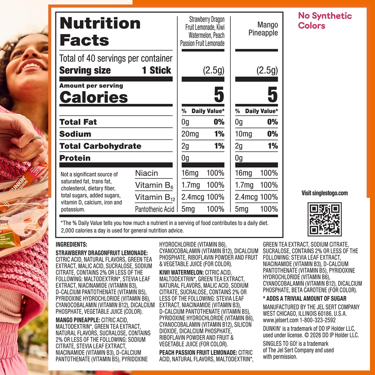 Singles To Go! Dunkin' Refreshers Green Tea Drink Mix Packets, 40 Count