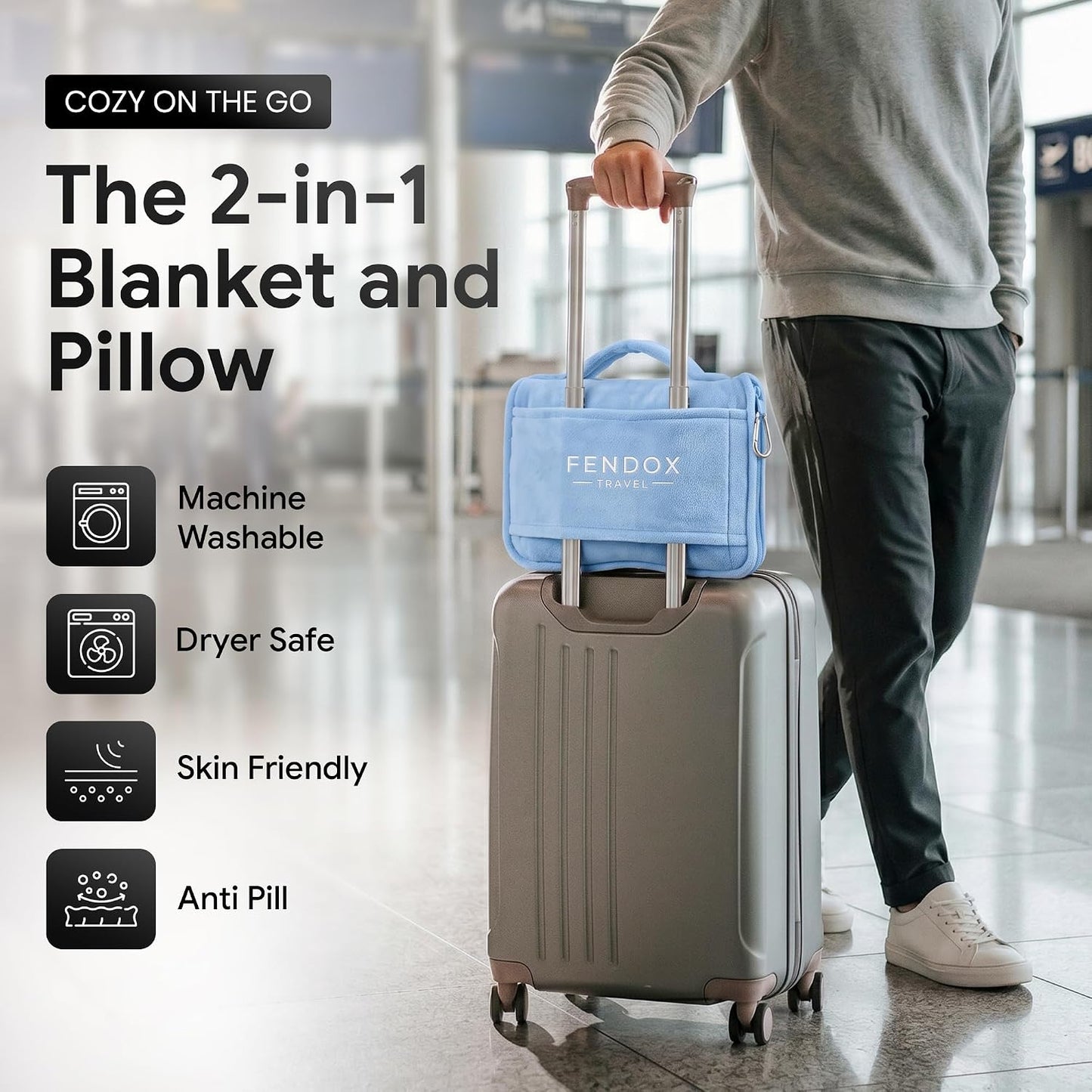 2-in-1 Travel Blanket and Pillow – Lightweight, Compact, Ultra Soft, Machine Washable – Handle, Luggage Sleeve, Backpack Clip – for Travel Airplane, Car, Office (Gray)