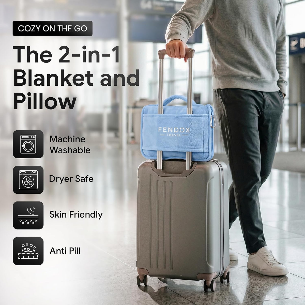 2-in-1 Travel Blanket and Pillow – Lightweight, Compact, Ultra Soft, Machine Washable – Handle, Luggage Sleeve, Backpack Clip – for Travel Airplane, Car, Office (Gray)