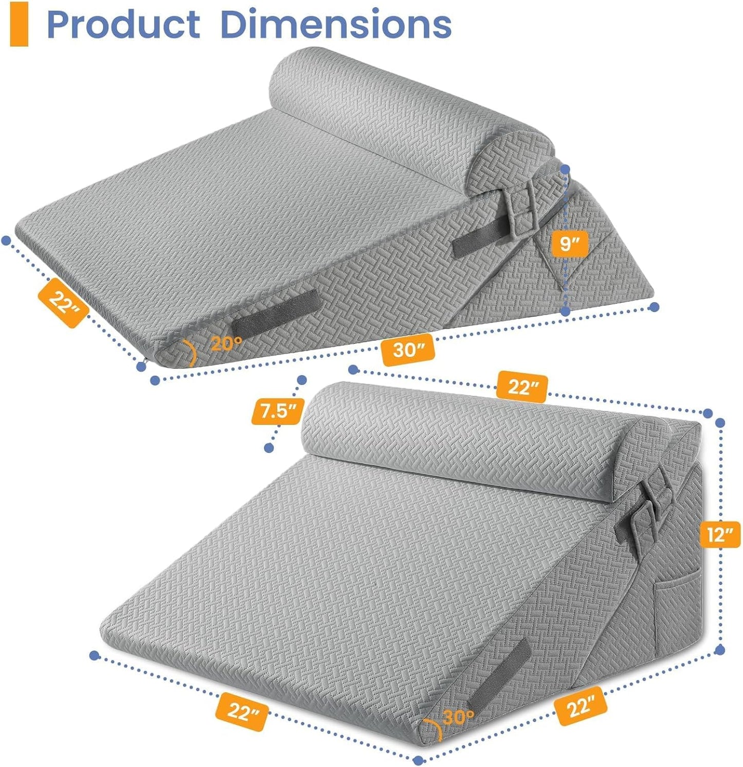 Sasttie Wedge Pillow Set for After Surgery, 2PCS Adjustable Bed Wedge Pillow Headboard with Memory Foam Neck Cushion – for Acid Reflux, Sleeping, Neck & Back Support, Dark Grey & White