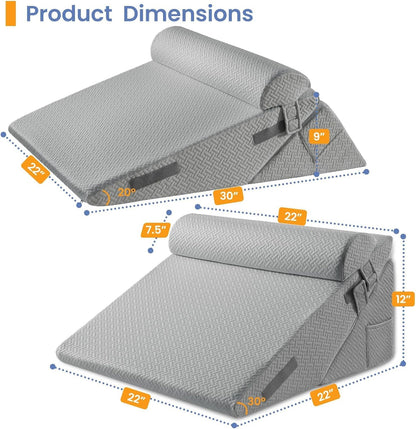 Sasttie Wedge Pillow Set for After Surgery, 2PCS Adjustable Bed Wedge Pillow Headboard with Memory Foam Neck Cushion – for Acid Reflux, Sleeping, Neck & Back Support, Dark Grey & White