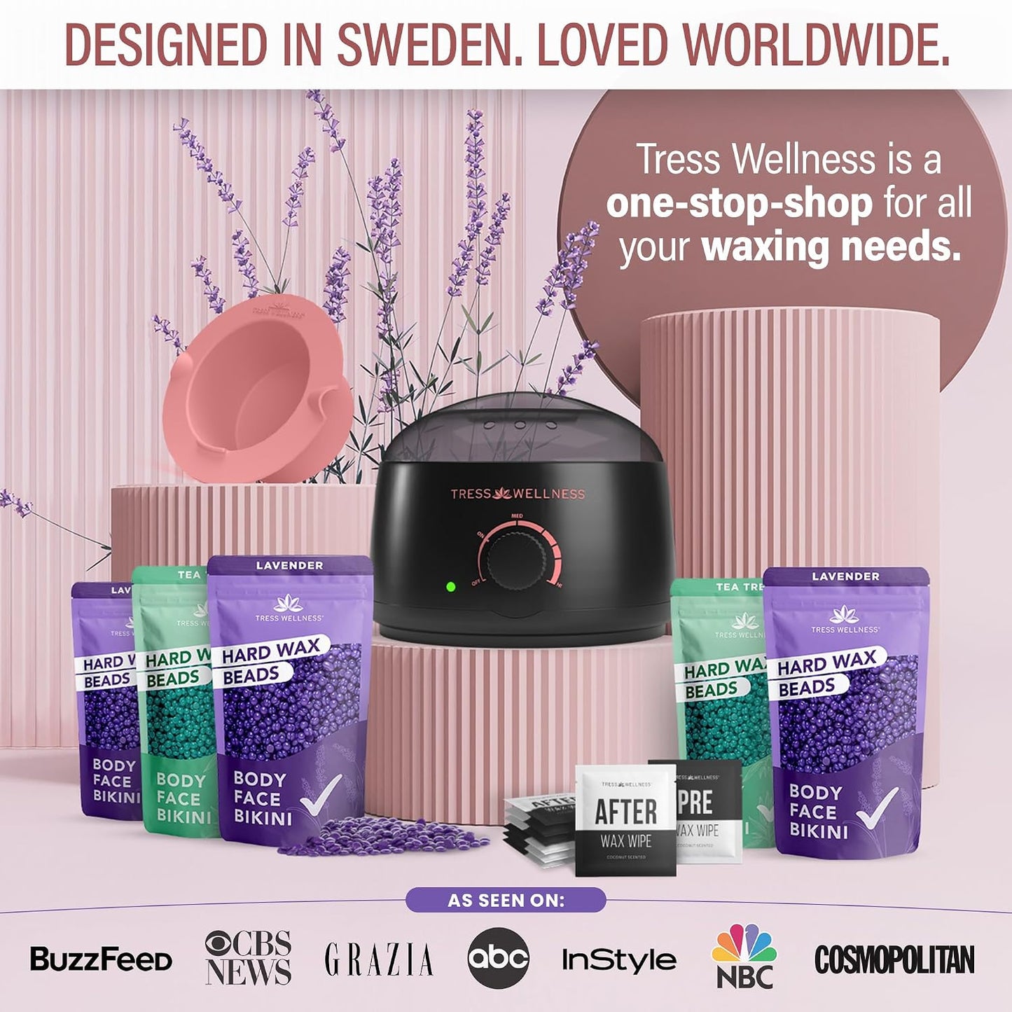 Tress Wellness Award Winning Waxing Kit for Sensitive Skin, Safe for Face & Skin, Easy to Use, At-Home Kit for Face, Bikini, Brazilian & Full Body - Digital Display, Black Purple Flower