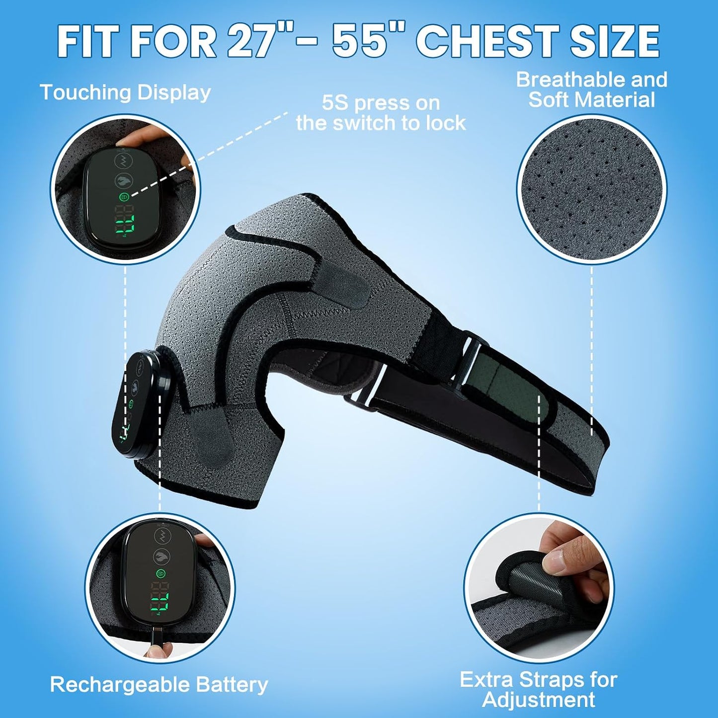 Cordless Shoulder Heating Pad & Massager, Electric Heated Shoulder Brace Wrap, Heating Pads for Rotator Cuff and Frozen Pain Relief,5000mAh Chargeable Powered, Men & Women(Black)