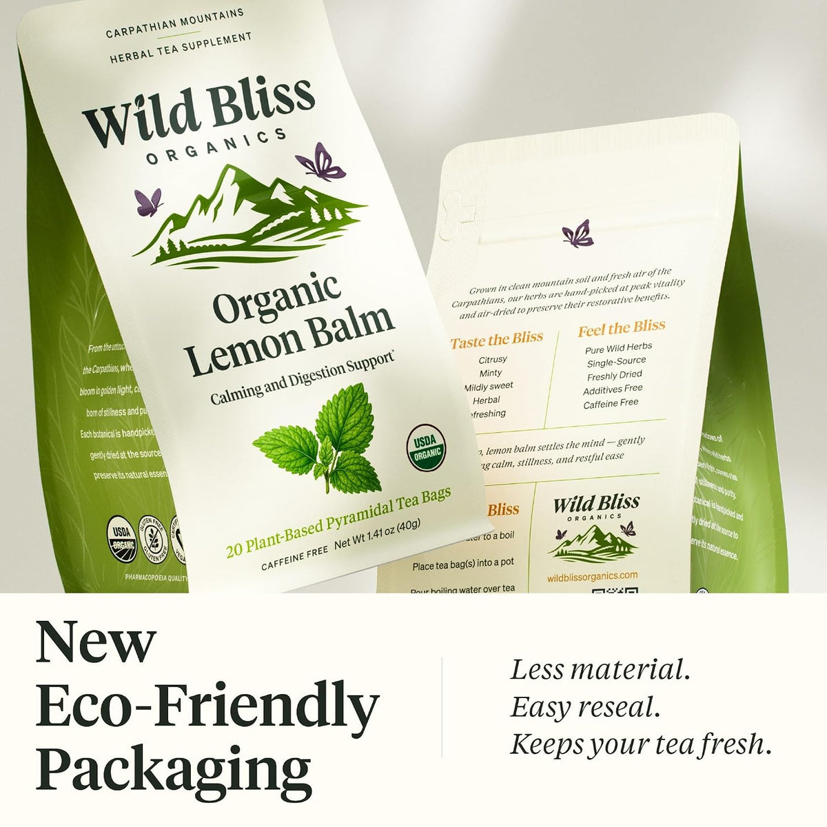 Organic Lemon Balm Tea - Caffeine Free Calming Herbal Tea - Pharmacopoeia Potency - 20 Plant Based Tea Bags