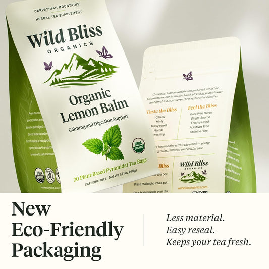 Organic Lemon Balm Tea - Caffeine Free Calming Herbal Tea - Pharmacopoeia Potency - 20 Plant Based Tea Bags