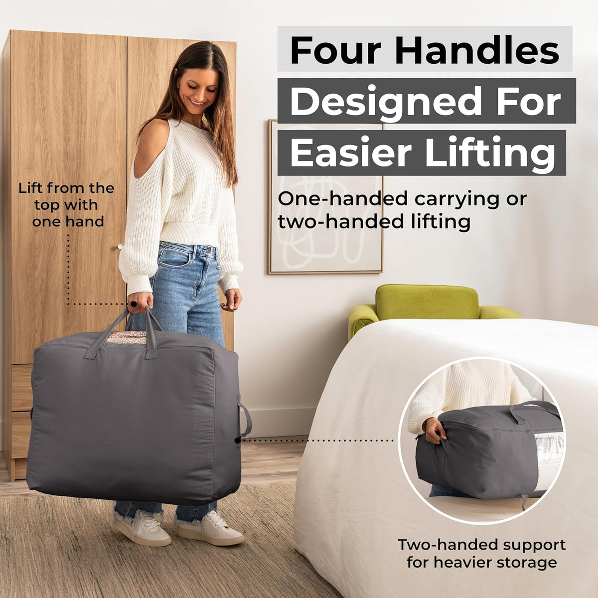 Soft Canvas Storage Bags with Zipper. Thick Breathable, 2pc King/Queen Comforter Organizer. Four Carrying Handles and Window. Large 25x19x9in Bag for Sheets Blankets Bedding Pillows, Clothes